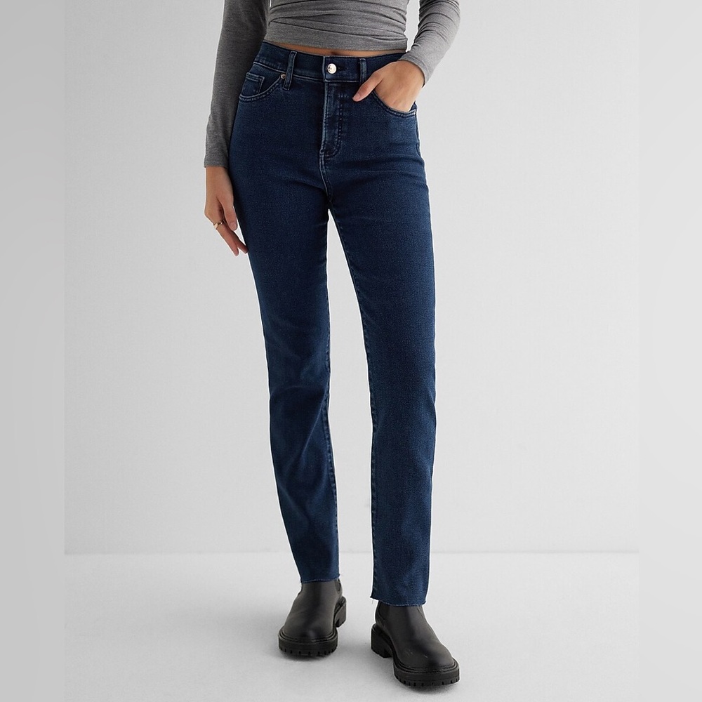 Express High Waisted Dark Wash Raw Hem '90s Slim Jeans, 12R